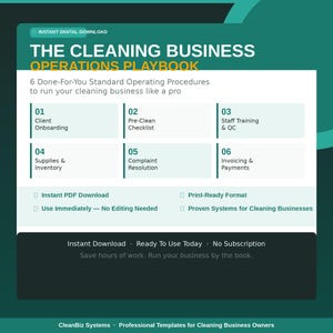 Könnte beinhalten: Ein digitaler Download mit dem Titel "The Cleaning Business Operations Playbook". Die teal- und weißfarbene Grafik listet 6 Standardarbeitsanweisungen für Reinigungsunternehmen auf, darunter Kunden-Onboarding und Rechnungsstellung. Der Text erwähnt auch Sofort-Download und druckfertige Formate.
