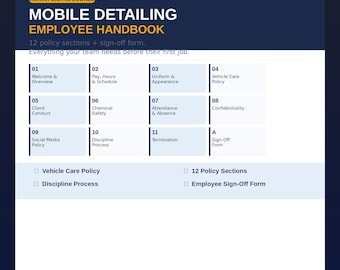 Car Detailing Employee Handbook, Detailing Business Staff Policy, Detailing Hire Guide, Detailing Staff Forms, Detailing Business Kit