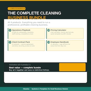 Pode incluir: Gráfico promocional para um pacote de serviços de limpeza. O título é "The Complete Cleaning Business Bundle". Inclui quatro produtos: Operations Playbook, Pricing Calculator, Client Contract Pack e Employee Handbook. O texto destaca o valor do pacote.