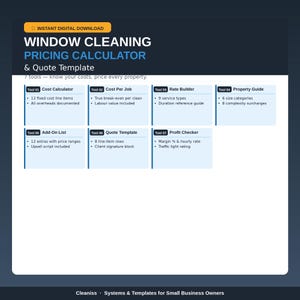 Pode incluir: Um modelo digital para empresas de limpeza de janelas. O gráfico apresenta o texto "Window Cleaning Pricing Calculator & Quote Template" com seções para cálculo de custos, construção de taxas e guias de propriedades. Inclui um banner de "Download digital instantâneo".