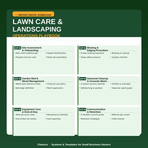 Peut inclure: Un téléchargement numérique intitulé "Lawn Care & Landscaping Operations Playbook". Le document vert et blanc décrit les SOP pour l'évaluation du site, la tonte, la gestion des plates-bandes, le nettoyage saisonnier, l'entretien de l'équipement et la communication.