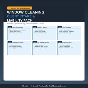 May include: A digital download graphic for window cleaning businesses. The blue and white design includes the text "Window Cleaning Client Intake & Liability Pack" and outlines six forms for client management and liability protection.