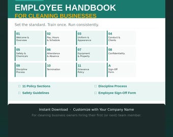 Cleaning Employee Handbook, Maid Service Onboarding Guide, Staff Training Manual, Editable HR Policy Template, Cleaner Forms