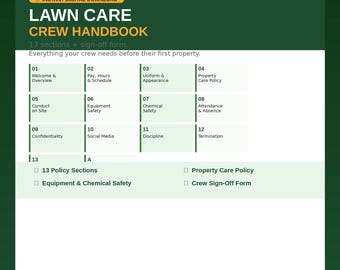 Lawn Care Employee Handbook, Landscaping Staff Policy, Lawn Crew Handbook, Lawn Care Business Forms, Lawn Care Training