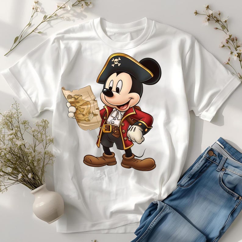 May include: White t-shirt featuring a cartoon pirate Mickey Mouse holding a treasure map. Mickey is dressed in a red coat, black pirate hat with a skull and crossbones, and brown boots. Blue jeans are visible in the background.
