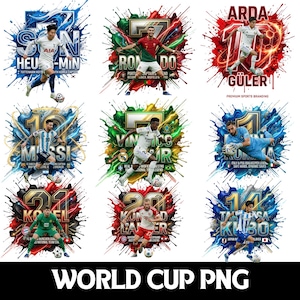 Pode incluir: Nove ilustrações digitais de jogadores de futebol em ação, cada uma com um design único. As imagens apresentam jogadores como Son Heung-min, Cristiano Ronaldo e Lionel Messi, com vibrantes salpicos de cor e sobreposições de texto. A frase "WORLD CUP PNG" está na parte inferior.
