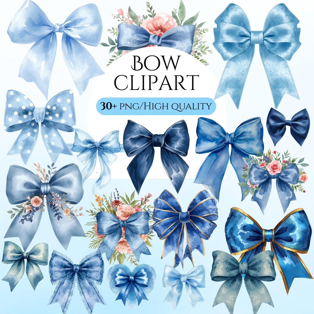 Blue Coquette Bow Clipart Bundle, Watercolor Blue Bow Ribbon Clipart ...