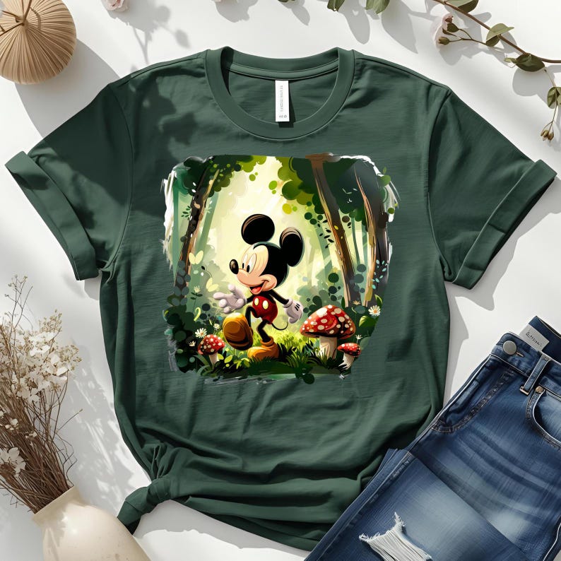 May include: Dark green t-shirt featuring a colorful illustration of Mickey Mouse in a forest setting. The graphic shows Mickey Mouse walking through a forest with mushrooms and trees. The shirt is paired with blue jeans.