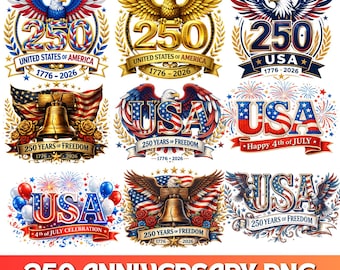 Paquete de imágenes PNG del 250 aniversario de Estados Unidos, diseños 1776-2026, PNG patriótico del 4 de julio de EE. UU., gráficos para camisetas con el lema "Orgullo estadounidense", Día de la Independencia.