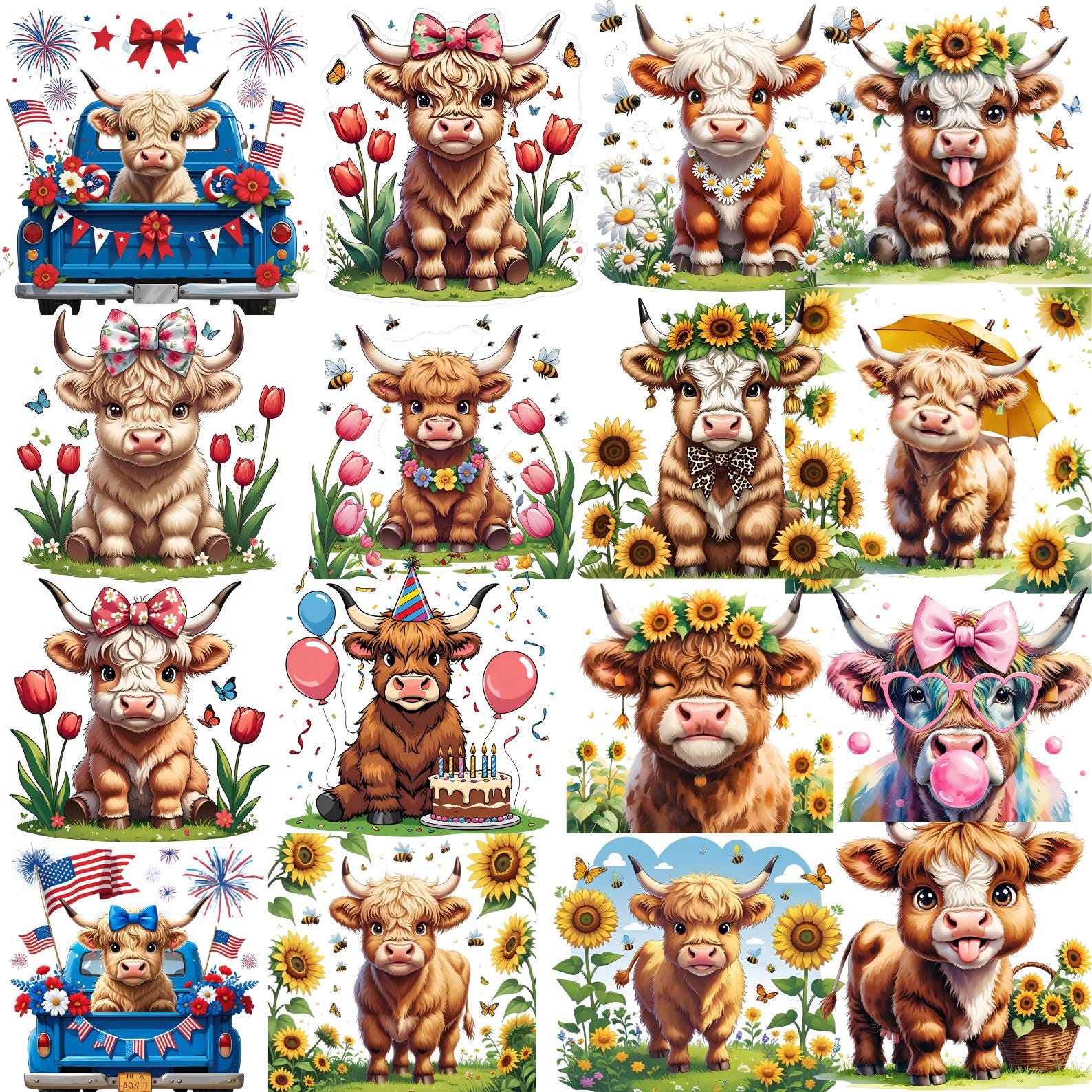 Highland Cow Clipart Bundle, Cute Baby Highland Cow PNG, Rustic Farm ...