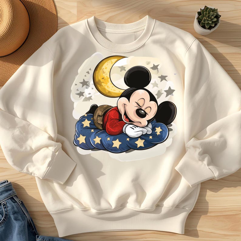May include: Cream-colored sweatshirt featuring a graphic of Mickey Mouse sleeping on a blue cloud with yellow stars. Mickey is wearing a red shirt and is positioned under a yellow crescent moon. The design includes white stars and a light gray background.