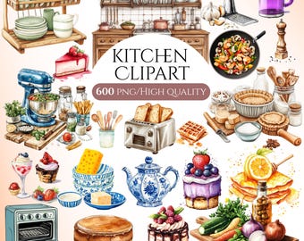 Clipart de acuarela de cocina, 600 PNG de cocina, clipart de cocina rústica, repostería, clipart de utensilios de cocina, clipart de comida de panadería, uso comercial