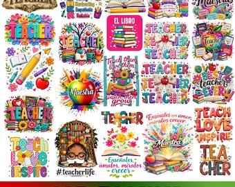 Paquete PNG para profesores vacaciones escolares agradecimiento al profesor retro boho enseñar amor inspirar regreso a la escuela arcoíris vida del profesor sublimación