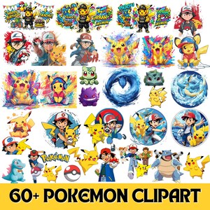 May include: A collection of over 60 colorful Pokémon clipart images. The illustrations feature various Pokémon characters, including Pikachu, Ash, and others, in diverse poses and styles. The text "Happy Birthday Pikachu" is also visible.
