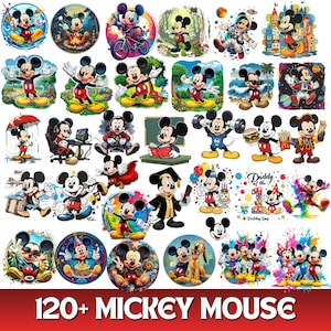 May include: A collection of colorful Mickey Mouse illustrations in various poses and settings. The images include Mickey Mouse in different outfits, activities, and themed backgrounds. The text "120+ MICKEY MOUSE" is displayed at the bottom.