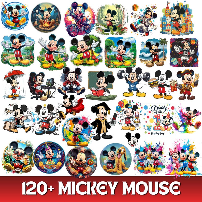 May include: A collection of colorful Mickey Mouse illustrations in various poses and settings. The images include Mickey Mouse in different outfits, activities, and themed backgrounds. The text "120+ MICKEY MOUSE" is displayed at the bottom.