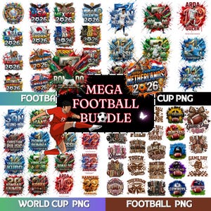 Peut inclure: Un ensemble d'art numérique avec des motifs sur le thème du football. La collection comprend des graphiques pour la Coupe du Monde et le Football, avec des logos d'équipes, des illustrations de joueurs et des éléments textuels comme "2026" et "Mega Football Bundle". La palette de couleurs est vibrante.