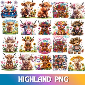 May include: A collection of colorful Highland cow illustrations. The cows are depicted in various poses, some wearing sunglasses, floral crowns, and summer-themed accessories. The text "Summer Vibes", "America", and "You are my Sunshine" are included.