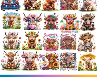 Vaca de las Tierras Altas PNG, Paquete de imágenes prediseñadas de vaca de las Tierras Altas, Linda vaca bebé de las Tierras Altas PNG, Animal de granja rústico, Decoración de granja bohemia, Vaca de las Tierras Altas floral