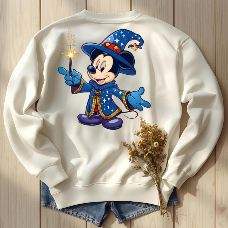 May include: White sweatshirt featuring a cartoon Mickey Mouse dressed as a wizard. Mickey is wearing a blue wizard hat and robe, holding a wand with a starburst design. The design is centered on the front of the sweatshirt.