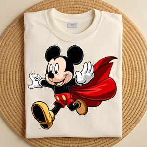 May include: Cream-colored sweatshirt featuring a vibrant graphic of Mickey Mouse in a dynamic pose. Mickey is depicted with a red cape, red shorts, yellow shoes, and white gloves. The sweatshirt is made of a soft material and is suitable for casual wear.