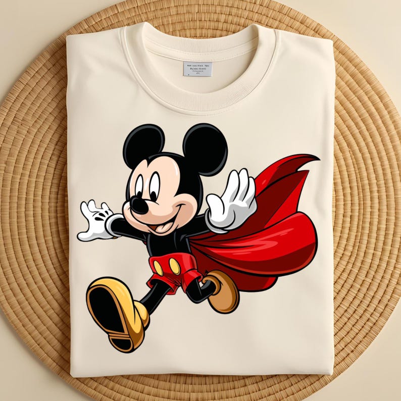 May include: Cream-colored sweatshirt featuring a vibrant graphic of Mickey Mouse in a dynamic pose. Mickey is depicted with a red cape, red shorts, yellow shoes, and white gloves. The sweatshirt is made of a soft material and is suitable for casual wear.