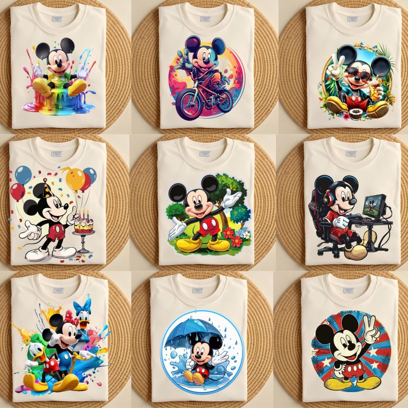 May include: Nine cream-colored t-shirts featuring colorful Mickey Mouse designs. The designs include Mickey in various poses, such as riding a bike, celebrating a birthday, and playing video games. The shirts are displayed on a woven surface.
