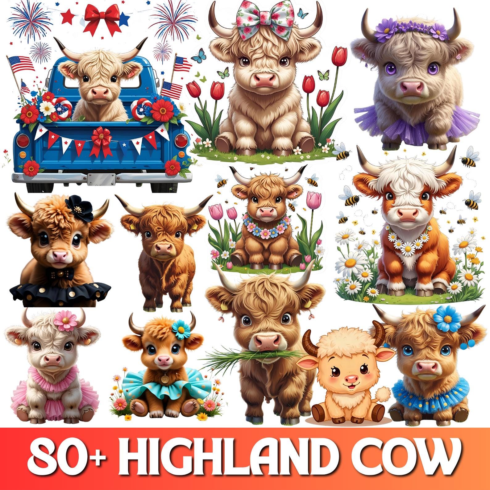 Cow File Set Highland Cow Clipart Bundle, Cute Baby Highland Cow PNG, Rustic Farm ...