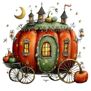 May include: A whimsical illustration of a pumpkin carriage with a green door and windows. The carriage has two turrets and is decorated with stars, pumpkins, and a crescent moon. The wheels are attached to the pumpkin carriage.