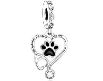 Veterinary Stethoscope Animal Paw Heart Charm, 925 Sterling