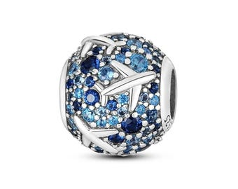 Blue Crystal Airplane Travel Charm fits Pandora Bracelets 925 Sterling Silver; Airplane, Flight Attendant