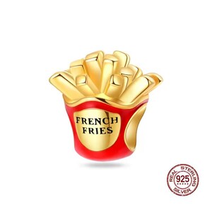 May include: A gold-colored charm shaped like a container of French fries. The red container has the words "FRENCH FRIES" printed on it. The charm is made of sterling silver.