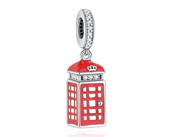 925 Sterling Silver Red Telephone Booth fits Pandora Bracelets