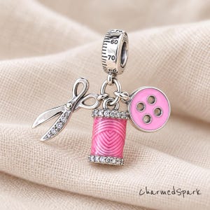 Sewing Pink Sterling Silver Charm 925  fits Pandora Bracelets; Thread Spool, Scissors, Button, Measuring Tape