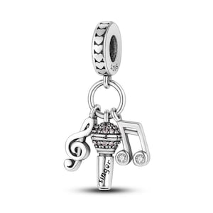 925 Sterling Silver Singer Charm fits Pandora Bracelets; Microphone, Music Note
