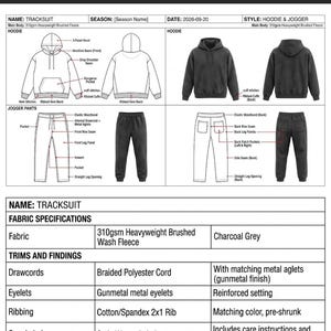 Puede incluir: Una plantilla de ficha técnica para un chándal gris carbón con sudadera con capucha y pantalones de chándal. El documento incluye dibujos técnicos, vistas frontales y traseras, y especificaciones de tela para forro polar de 310gsm.