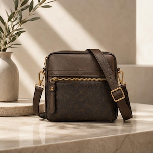 May include: A square-shaped dark brown crossbody bag featuring a textured monogram pattern on the lower front pocket, a smooth upper section, gold-toned metal zips, and an adjustable shoulder strap with matching gold-toned hardware clips.