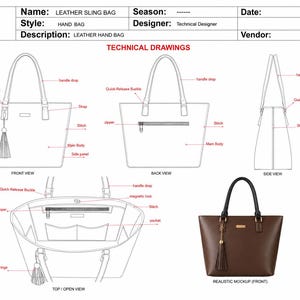 Modello per borsa a tracolla in pelle Tech Pack, design di borsa in PDF, CAD per la moda (download digitale)