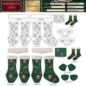 May include: A technical product sheet for socks featuring a Christmas theme. The document displays patterns, cut-out templates for cuffs, heels, and toes, and a final look of green socks with Santa Claus, reindeer, and tree motifs.