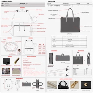 May include: A technical design document for a backpack and a B-Army tote bag, featuring detailed line drawings, labeled components, material specifications, and measurement charts for both items, including hardware references and product descriptions.