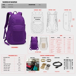 May include: A purple backpack tech pack featuring a front mesh pocket, adjustable shoulder straps, and side pockets. The image includes technical sketches, a bill of materials table, hardware references, and a measurement sheet with dimensions in cm.