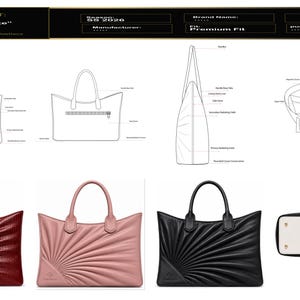 Puede incluir: Una hoja de diseño técnico para el Karion Tote, con dibujos lineales de vistas frontal, trasera, lateral e interior, junto a tres bolsos tote terminados en burdeos, rosa y negro con textura de abanico y una base plana.