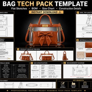 May include: A digital tech pack template for a clear TPU and cognac vegan leather handbag with a large decorative bow, gold-tone hardware, and a removable interior pouch. Includes flat sketches, bill of materials, and size specifications in inches.