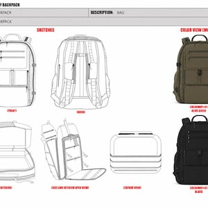 May include: A technical design sheet for a backpack featuring line art sketches of the front, back, top interior, side open view, and expand view. Two color mockups are displayed in olive green and black, showing multiple zippered compartments.