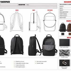 May include: A tech pack for a backpack featuring line drawings of front, back, side, and top views. Includes a measurement table in cm, color swatches in black, brown, and beige, material close-ups, and product details listing leather and silver hardware.