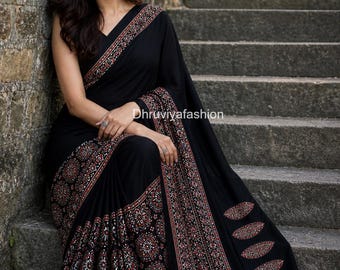 Soft Gajji Silk Ajrakh Saree | Real Mirror Work, Tassel Detail, Blouse Included