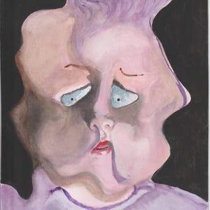 May include: Watercolor painting of a distorted face with blue eyes and red lips against a black background. The face is primarily pink and brown, with a purple headpiece and collar. Signed "J. Bundick 2023" in the bottom right corner.