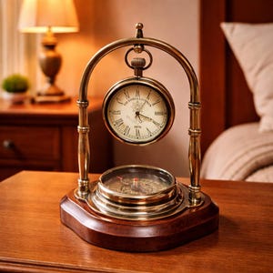 Vintage Brass Table Clock with Compass Antique Desk Nautical Retro Study Decor Victorian Style