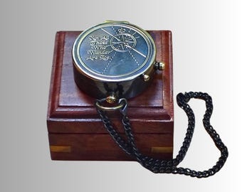Brass Lid Compass with Wooden Box Vintage Pocket Nautical Adventure Travel Gift Engraved