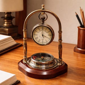 Reloj de mesa antiguo de latón con brújula, decoración náutica retro para escritorio, estilo victoriano.